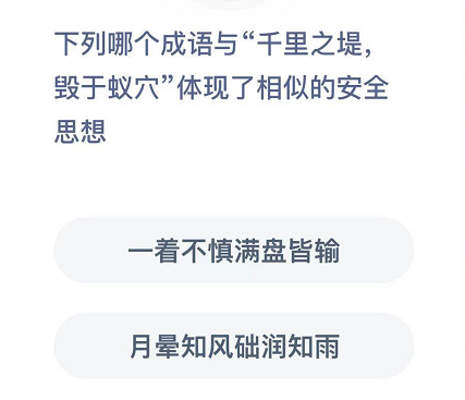 下列哪個成語與“千里之堤，毀于蟻穴”體現(xiàn)了相似的安全思想 螞蟻莊園12月3日答案