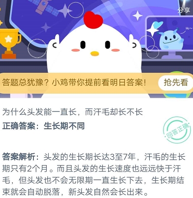 為什么頭發(fā)能一直長(zhǎng)而汗毛卻長(zhǎng)不長(zhǎng)？小雞寶寶考考你螞蟻莊園9.11答案