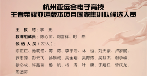 王者榮耀亞運版本國家集訓(xùn)隊名單