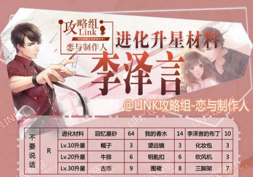 戀與制作人李澤言進化升星需要哪些材料